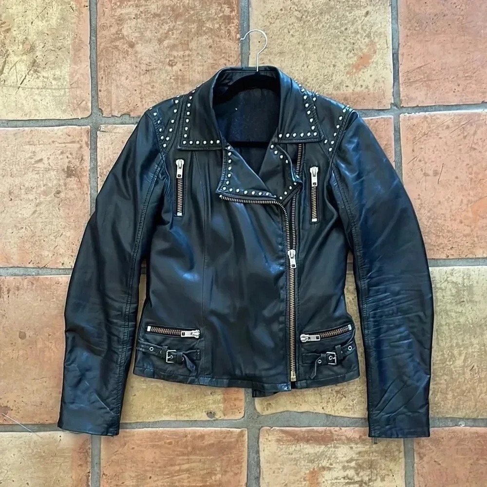 Studded Vintage Distressed Black Leather Jacket Women's Small